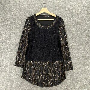 La Mode Top Women XL Black Tunic Party Beaded Embellished Long Sleeve Crew Neck